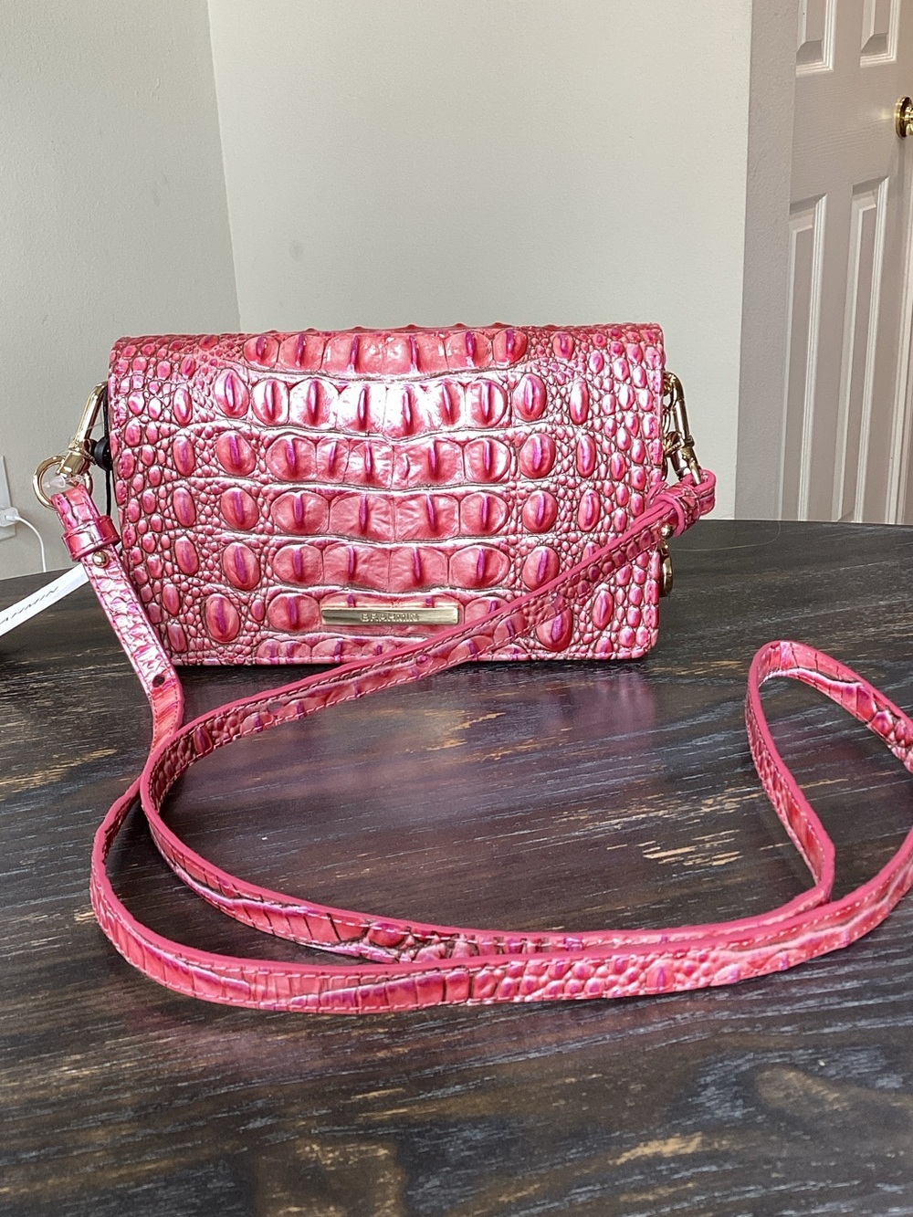 Brahmin Minuette French Rose Pink Croc-Embossed Leather Crossbody